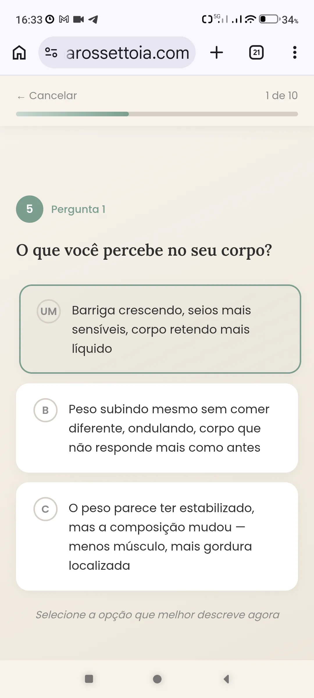Tela do quiz GPS da Menopausa